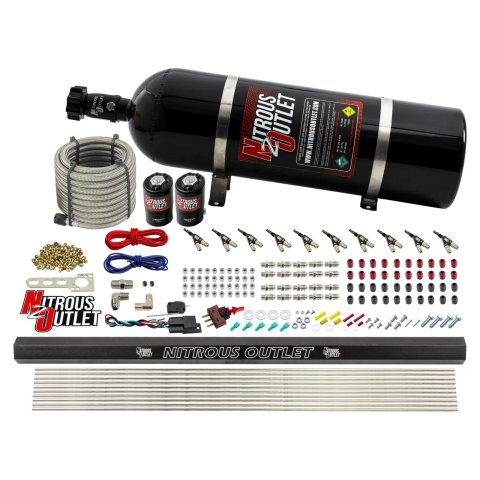 Nitrous Outlet Oxide Systems 00-10495-E85-R-15 10 Cyl 2 Sol Direct Port Sys w/ Single Rail E85 Hi PSI(15Lb Bottle)90° Noz