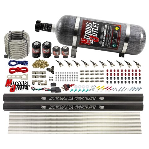 Nitrous Outlet Oxide Systems 00-10496-E85-R-12 10 Cyl 4 Sol Direct Port Sys w/ Dual Rails E85 Low PSI(12Lb Bottle)90° Noz