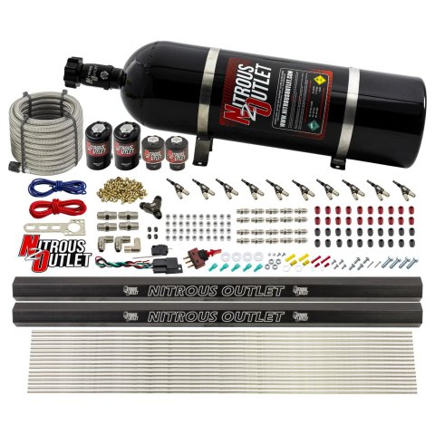 Nitrous Outlet Oxide Systems 00-10496-E85-R-15 10 Cyl 4 Sol Direct Port Sys w/ Dual Rails E85 Low PSI(15Lb Bottle)90° Noz