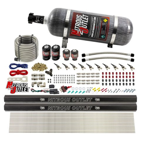 Nitrous Outlet Oxide Systems 00-10497-E85-R-12 10 Cyl 4 Sol Direct Port Sys w/ Dual Rail E85 Hi PSI(12Lb Bottle)(90° Noz)