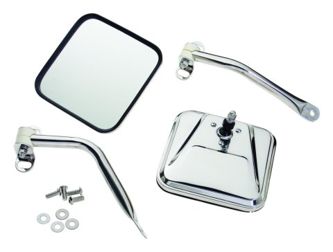 RT Off-Road Side Windshield Mirrors for 1976-1983 CJ5, 1976-1986 CJ7, 1981-1985 SCRAMBLER - RT30001 View Mirrors, Replacement, Square, Flat, Manual, Polished Stainless Steel Housing, Jeep, Pair