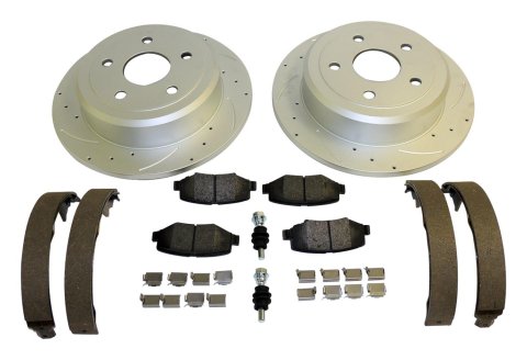 RT Off-Road Performance Brake Kits RT31028 Rotors and Pads, Rear, Cross-drilled and Slotted Surface, Semi-metallic Pads, Jeep, Kit