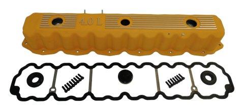 RT Off-Road Valve Covers for 1993-2004 WRANGLER, GRAND CHEROKEE, 1993-2001 CHEROKEE - RT35003 Cover, Perimeter Bolt Mounting, Stock Height, Cast Aluminum, Yellow, 4.0L Top Style, Jeep, 4.0L, Each