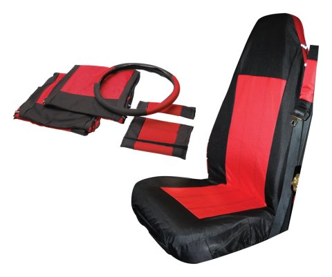 RT Off-Road Seat Covers for 2003-2006 WRANGLER - SCP20030 Covers, Front, Highback Bucket Style, Polycanvas, Black/Red, Steering Wheel Cover, Jeep, Set