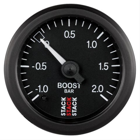 Stack Mechanical Gauges ST3111 Gauge, Boost Pressure, -1 to 2 Bar, 2 1/16 in. Diameter, Black Face, Analog, Mechanical, Each