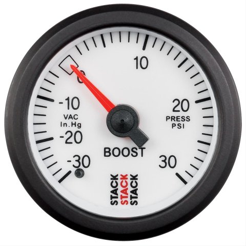 Stack Mechanical Gauges ST3162 Gauge, Boost Pressure, 30 in. Hg/30 psi., 2 1/16 in. Diameter, White Face, Analog, Mechanical, Each