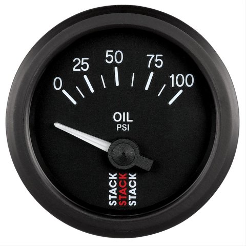 Stack Electrical Gauges ST3202 Gauge, Oil Pressure, 0-100 psi., 2 1/16 in. Diameter, Black Face, Analog, Electrical, Each