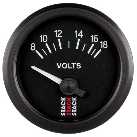 Stack Electrical Gauges ST3216 Gauge, Voltmeter, 8-18 V, 2 1/16 in. Diameter, Black Face, Analog, Electrical, Each