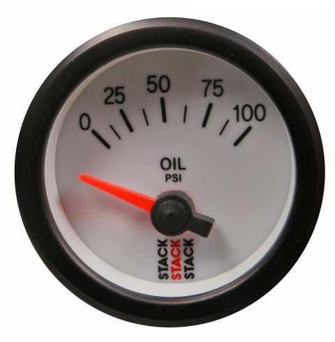 Stack Electrical Gauges ST3252 Oil Pressure Gauge, Electrical, 0-100 psi, 2 1/16 in. Diameter, White Face, Sending Unit, 1/8 NPT Fitting