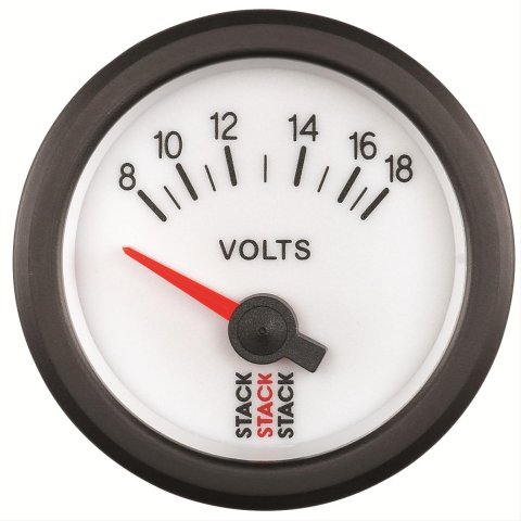 Stack Electrical Gauges ST3266 Gauge, Voltmeter, 8-18 V, 2 1/16 in. Diameter, White Face, Analog, Electrical, Each