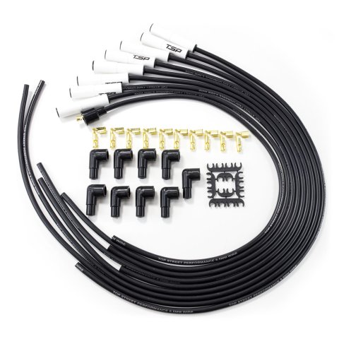 Top Street Performance Premium Spark Plug Wire Sets 85080CE Sets, 8.5mm, Spiral Core, Black Wire, 180 Degree Boots, Ceramic, Universal, Set