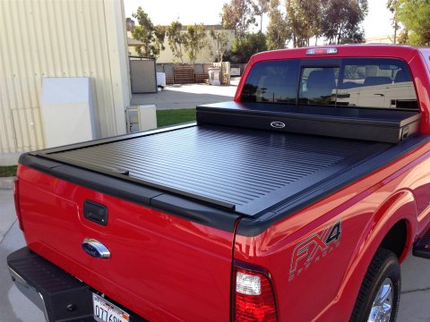 Truck Cover USA American Work Covers CRT142 Tonneau Cover, Cover, Retractable, Hard Style, Toolbox, Aluminum, Textured Black, Black Rail, 6 3/4 ft. Bed, Ford, Superduty, Each