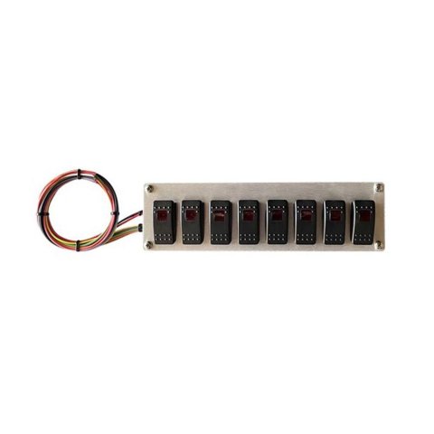 Switch Panel - Dash Mount - 10.75 x 3 in - 7 Rockers - Red Indicator Lights - Harness - Natural - Each