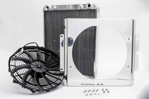 Radiator and Fan - Dragster / Roadster - 17.063 in W x 21 in H x 3 in D - Bottom Side Inlet - Bottom Side Outlet - Aluminum - Natural - Kit