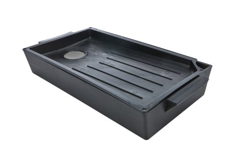 Drain Pan - Quick Change - 4 qt - 14 x 8 in Rectangle - 2.5 in Deep - Stainless Catch Screen - Integrated Transfer Spout - Plastic - Black - Each
