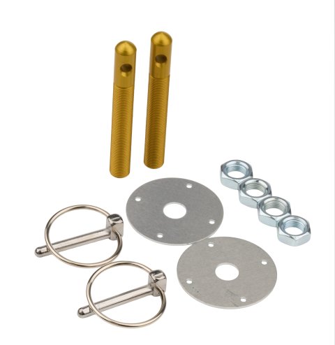 Hood Pin - 0.5 in OD x 4 in Long - 2.25 in OD Scuff Plates - 0.25 in Torsion Clips - Hardware Included - Aluminum - Gold Anodized - Kit