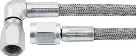 AN Hose Assembly - 12 in Long - 3 AN Hose - 3 AN Straight Female to 3 AN 90 Degree Female - Braided Stainless - PTFE Lined - Each