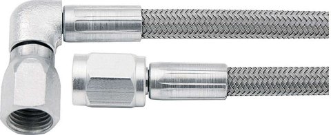 AN Hose Assembly - 16 in Long - 3 AN Hose - 3 AN Straight Female to 3 AN 90 Degree Female - Braided Stainless - PTFE Lined - Each