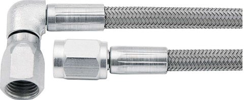 AN Hose Assembly - 18 in Long - 3 AN Hose - 3 AN Straight Female to 3 AN 90 Degree Female - Braided Stainless - PTFE Lined - Each