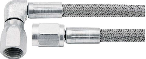 AN Hose Assembly - 22 in Long - 3 AN Hose - 3 AN Straight Female to 3 AN 90 Degree Female - Braided Stainless - PTFE Lined - Each