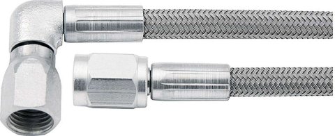 AN Hose Assembly - 30 in Long - 3 AN Hose - 3 AN Straight Female to 3 AN 90 Degree Female - Braided Stainless - PTFE Lined - Set of 5