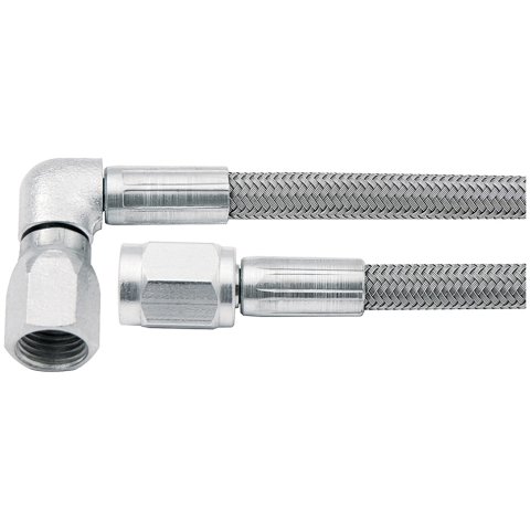 AN Hose Assembly - 32 in Long - 3 AN Hose - 3 AN Straight Female to 3 AN 90 Degree Female - Braided Stainless - PTFE Lined - Each