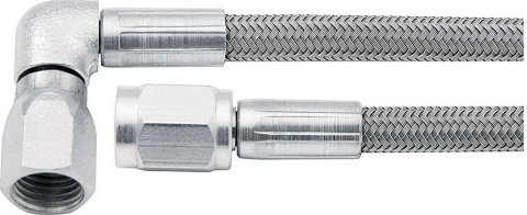 AN Hose Assembly - 36 in Long - 3 AN Hose - 3 AN Straight Female to 3 AN 90 Degree Female - Braided Stainless - PTFE Lined - Set of 5