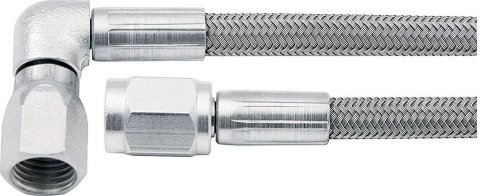 AN Hose Assembly - 42 in Long - 3 AN Hose - 3 AN Straight Female to 3 AN 90 Degree Female - Braided Stainless - PTFE Lined - Set of 5