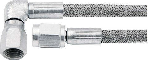 AN Hose Assembly - 6 in Long - 3 AN Hose - 3 AN Straight Female to 3 AN 90 Degree Female - Braided Stainless - PTFE Lined - Set of 5