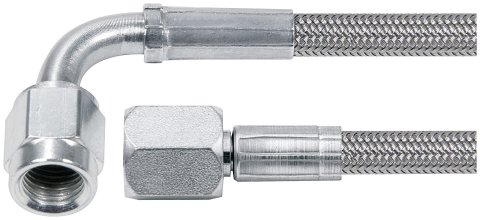 AN Hose Assembly - 21 in Long - 4 AN Hose - 4 AN Straight Female to 4 AN 90 Degree Female - Braided Stainless - PTFE Lined - Set of 5