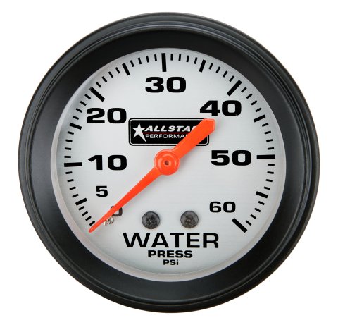 Water Pressure Gauge - 0-60 psi - Mechanical - Analog - Full Sweep - 2-5/8 in Diameter - Silver Face - Each