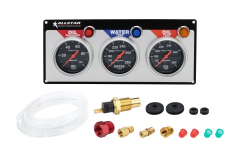 Gauge Panel Assembly - Auto Meter Sport-Comp - Oil Pressure / Oil Temperature / Water Temperature - 2-5/8 in Diameter - Black Face - Warning Light - Kit