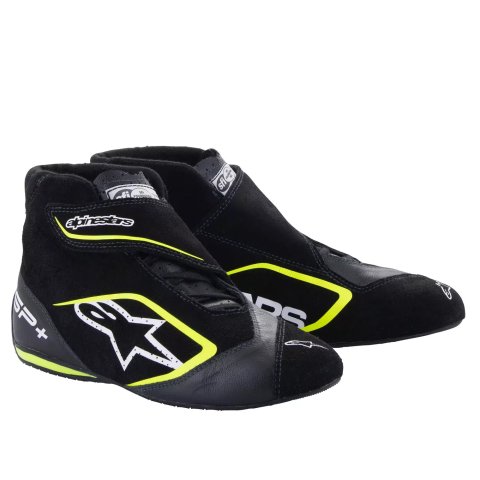 Driving Shoe - SP+ - High-Top - SFI 3.3 - FIA Approved - Suede / Leather Outer - Fire Retardant Fabric Inner - Black / Fluorescent Yellow - Size 10.5 - Pair