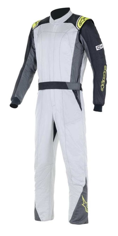 Driving Suit - Atom - 1-Piece - SFI 3.2A/5 - Boot-Cut - Dual Layer - Aramid - Silver / Fluorescent Yellow - Size 62 - X-Large / 2X-Large - Each