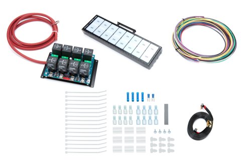 Switch Panel - Model 8003 - Dash Mount - 8.75 x 2.375 in - 8 Flat Switches - Fused - Indicator Lights - Relay Board / Wiring Included - Carbon Fiber -