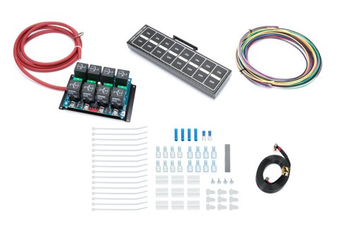 Switch Panel - Model 8004 - Overhead Mount - 8.75 x 2.375 in - 8 Flat Switches - Fused - Indicator Lights - Relay Board / Wiring Included - Carbon Fib