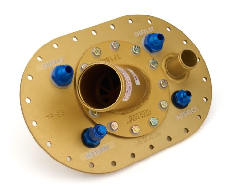 Fuel Cell Filler Plate - Remote Fill - 45 Degree 2-1/4 in OD Neck - Flat Mount - 12-Bolt Flange - Flapper - Aluminum - Gold Anodized - Kit
