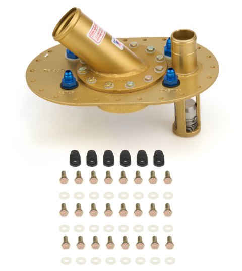 Fuel Cell Filler Plate - Remote Fill - 45 Degree 2-1/4 in OD Neck - Flat Mount - 12-Bolt Flange - 8 AN Pickup - 6 AN Return - Aluminum - Gold Anodized - Kit