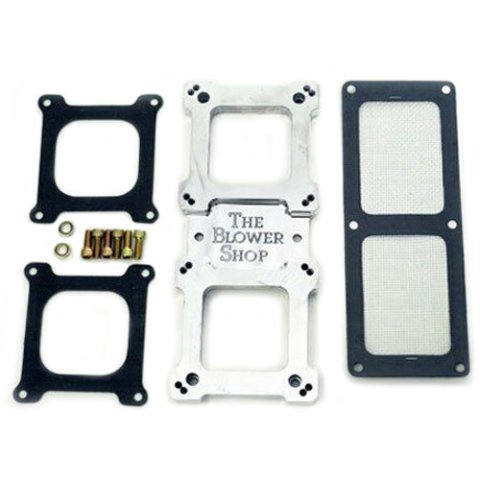 Supercharger Carburetor Adapter - 8-5/8 in Center to Center - Screen Inlet Gasket / 2 Carb Gaskets / Hardware - Aluminum - Polished - Each