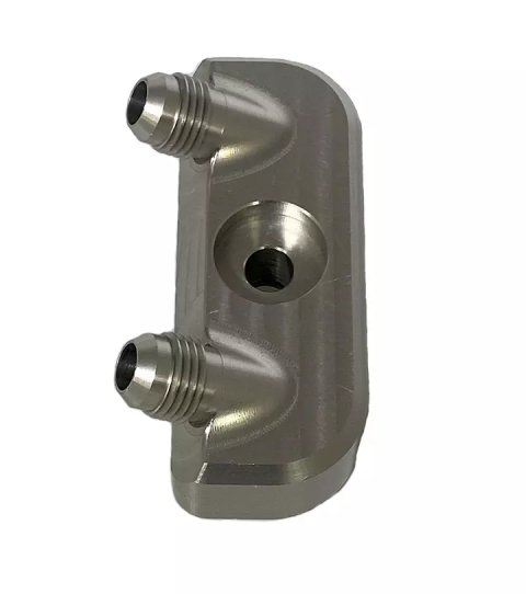 Fitting - Transmission Cooler Manifold - GM Transmission Inlet - 6 AN Male Outlets - Aluminum - Black Anodized - Each