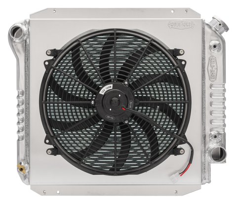 Radiator and Fan - 24.75 in W x 20.2 in H x 6.5 in D - Driver Side Inlet - Passenger Side Outlet - Aluminum - Polished - Ford Fullsize SUV 1966-77 - Kit