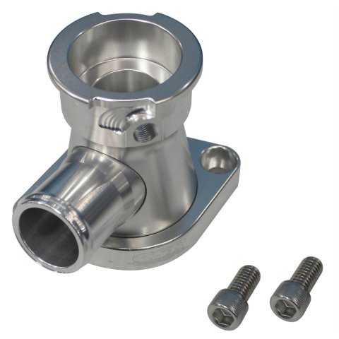 Water Neck - 90 Degree - 1-1/4 in ID Hose - Filler Neck - Swivel - O-Ring - Hardware Included - Aluminum - Clear Anodized - Chevy V8 - Each