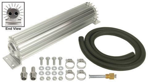 Fluid Cooler - 14.25 x 2.188 x 3.25 in - Heat Sink - 1/4 in NPT Female Inlet / Outlet - 3/8 in Hose Barb Adapters - Fitting / Hardware / Hose - Aluminum - Natural - Automatic Transmission - Kit