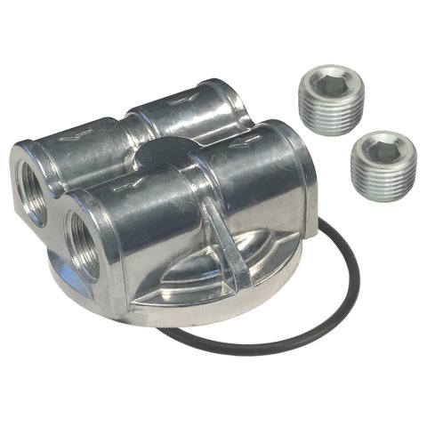 Oil Filter Adapter - Bypass - Block Mount - 20 x 1.5 mm Center Thread - 1/2 in NPT Inlets - 1/2 in NPT Outlets - Aluminum - Polished - Each