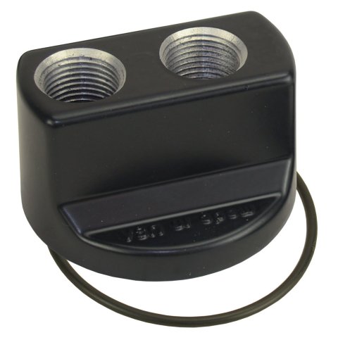 Oil Filter Adapter - Bypass - Block Mount - 20 x 1.5 mm Center Thread - 10 AN O-Ring Inlet - 10 AN O-Ring Outlet - Aluminum - Black Powder Coat - Each