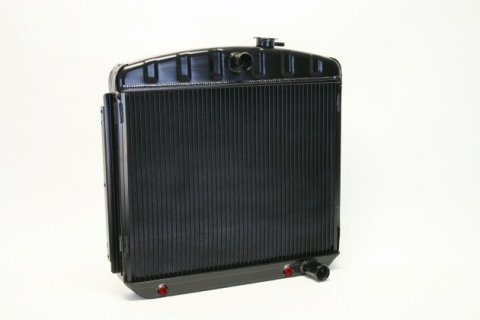 Radiator - Direct Fit - 22 in W x 21.25 in H x 3.25 in D - Single Pass - Center Inlet - Passenger Side Outlet - Automatic Transmission - Aluminum - Black Paint - Chevy Fullsize Car 1955-57 - Each