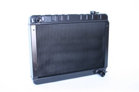Radiator - Direct Fit - 25.5 in W x 22.75 in H x 3.25 in D - Single Pass - Driver Side Inlet - Passenger Side Outlet - Manual Transmission - Aluminum - Black Paint - GM Fullsize Truck 1963-66 - Each