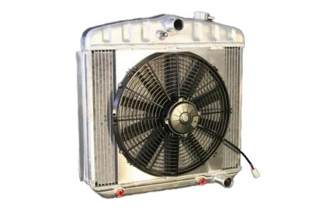 Radiator and Fan - Pro-Series - 22 in W x 21.25 in H x 5.5 in D - Center Inlet - Passenger Side Outlet - Automatic Transmission - Aluminum - Natural - Chevy Fullsize Car 1955-57 - Kit