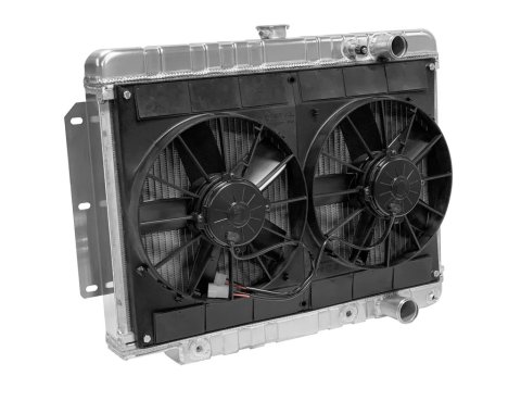 Radiator and Fan - Pro-Series - 28 in W x 20.5 in H x 3 in D - Dual Fans - Passenger Side Inlet - Passenger Side Outlet - Automatic Transmission - Aluminum - Natural - GM B-Body 1959-64 - Kit