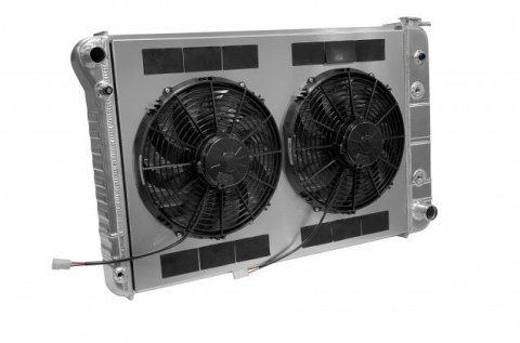 Radiator and Fan - Pro-Series - 32 in W x 21.5 in H x 6.75 in D - Dual Fans - Driver Side Inlet - Passenger Side Outlet - Automatic Transmission - Aluminum - Natural - GM Fullsize Truck 1973-86 - Kit